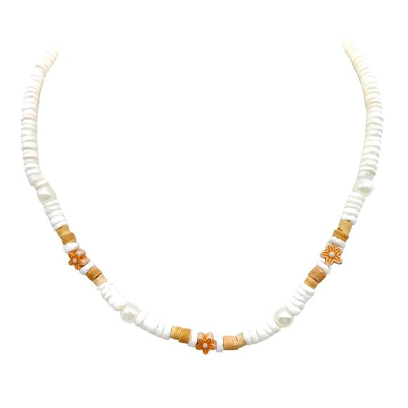 Retro Seashell Heishi Choker with Sweet Floral and Pearl Accent Beads, Vintage - Picture 1 of 3